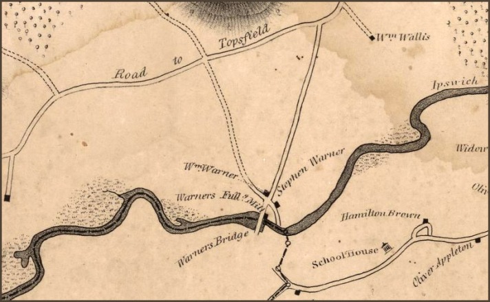 Closeup from the 1832 Philander map of Ipswich. Mill Rd. had been recently laid out, and the William Warner house sat at the intersection of Mill Rd. and the old road. The house was later moved further down the old road which serves as its driveway.