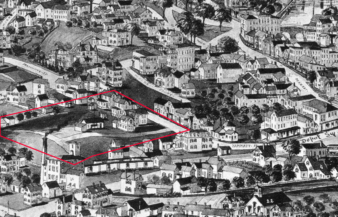 In this view from the 1893 Ipswich Birdseye map, the Brown Square area is still undeveloped
