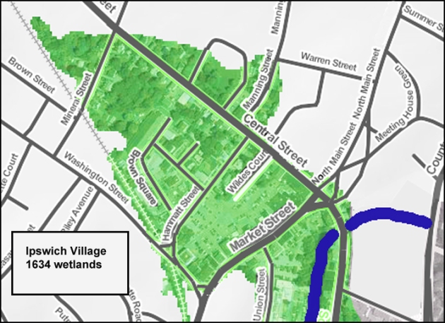 Wetlands surrounding Farley Brook into the 19th Century, superimposed on a current day map.