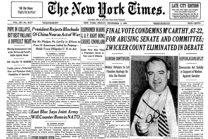 New York Times McCarthy is condemned for abusing senate and committee