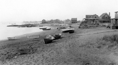 Boats and houses in an early 20th Century photo of Plum Island, near Newburyport MA